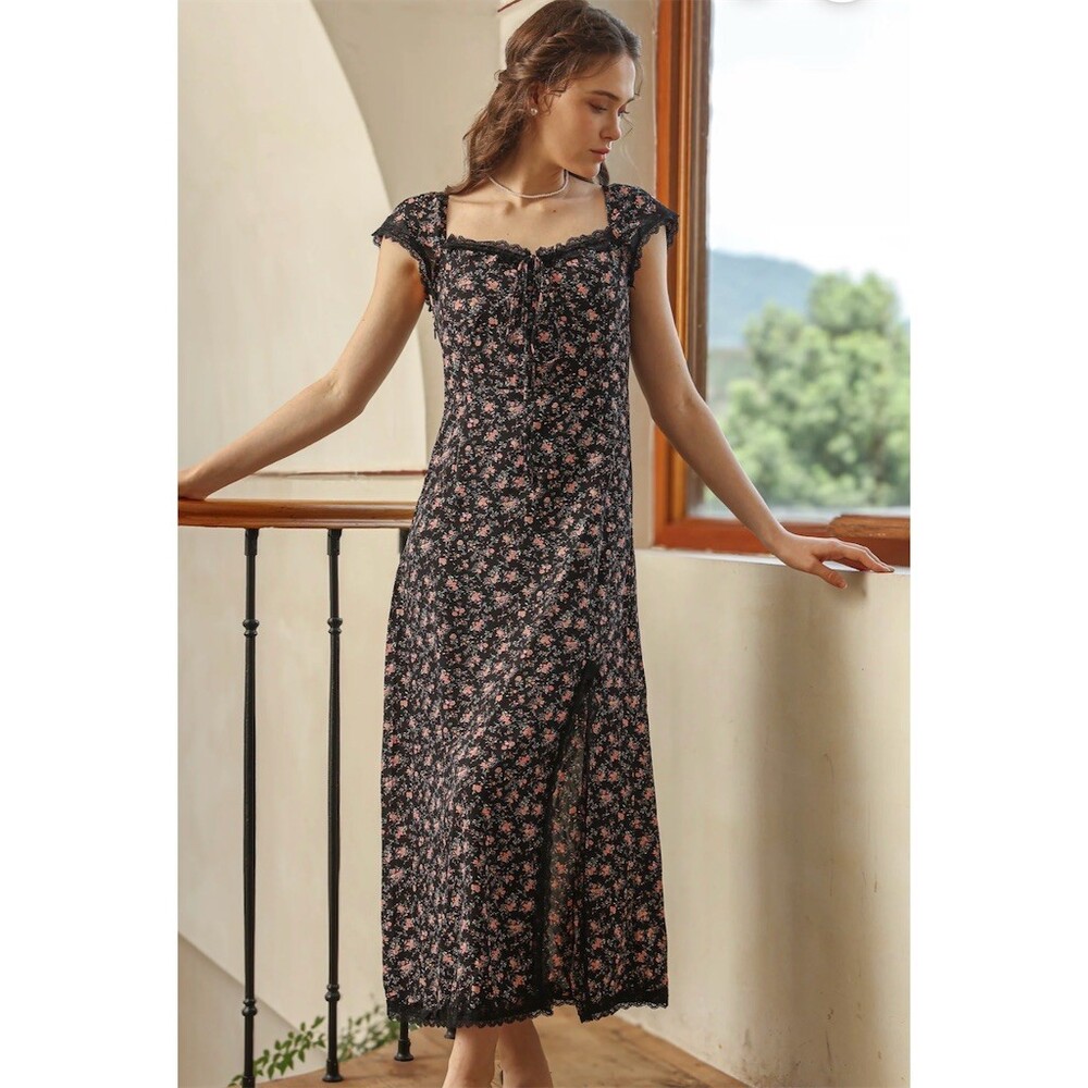 Rosie Posie Dress Womens M Black Ditsy Floral Midi Square Neck Lace Trim - Picture 4 of 7